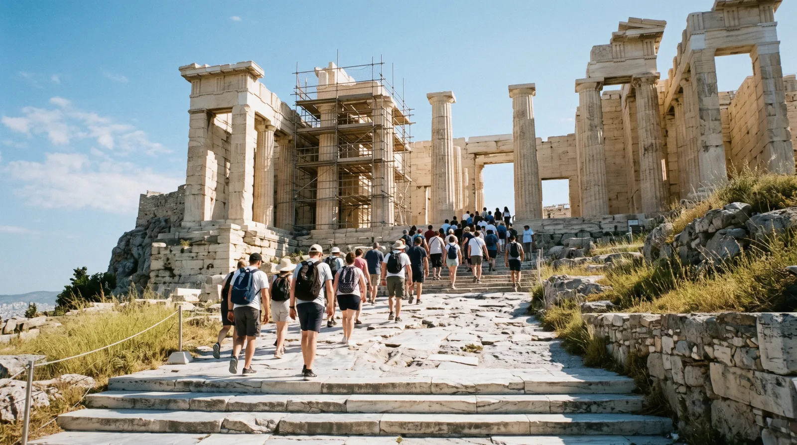 Visitors climbing the marble steps of the Propylaea at 08:20 on the Acropolis of Athens, Greece