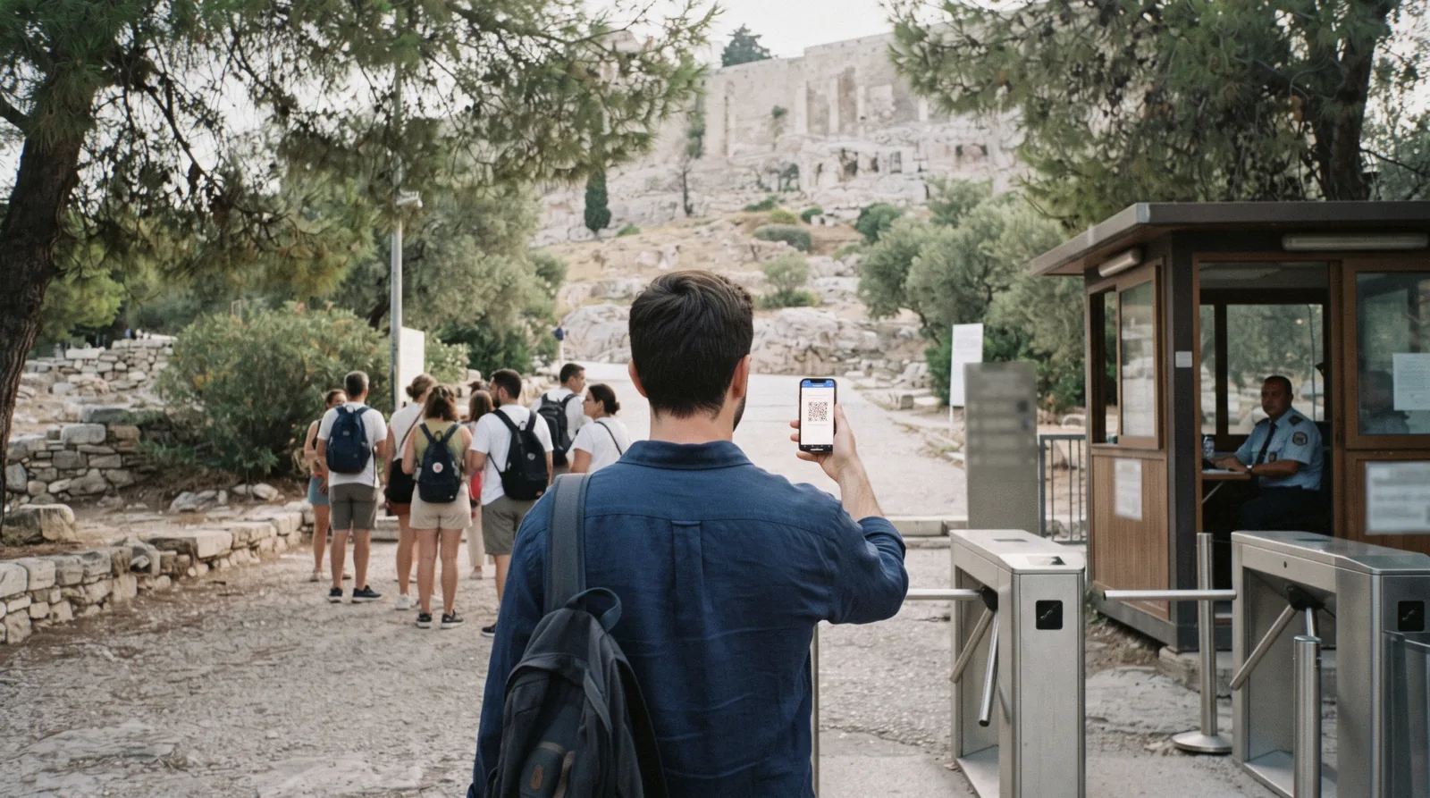 A visitor scanning a phone ticket at the Acropolis south entrance turnstile at 07:55, Acropolis tickets Athens