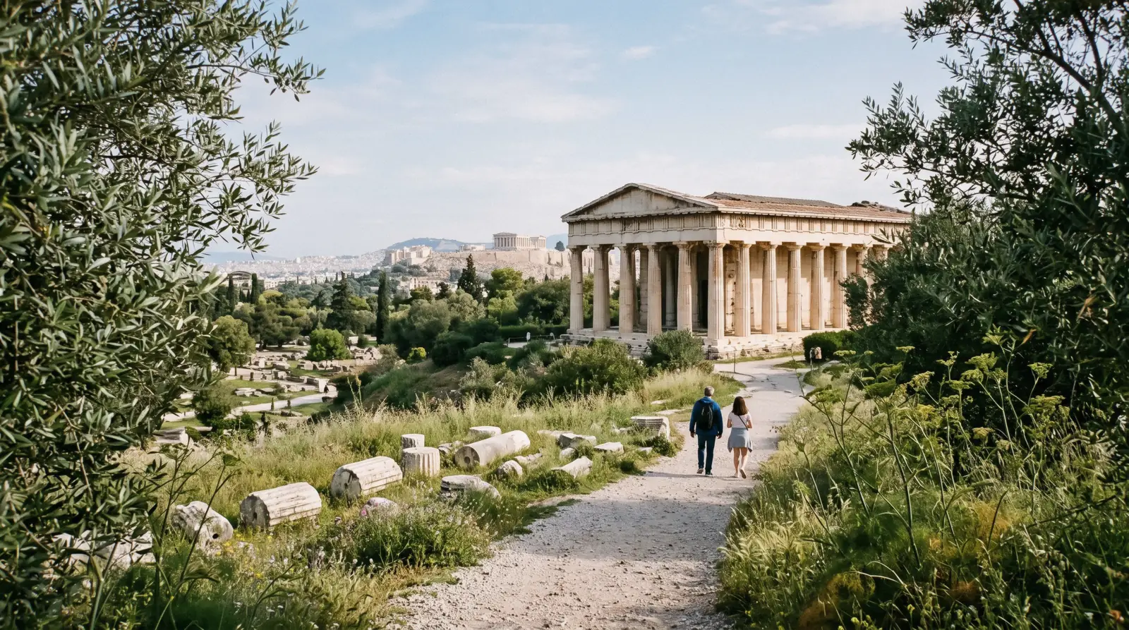 The Temple of Hephaestus above the Ancient Agora of Athens, Greece, seen through olive trees