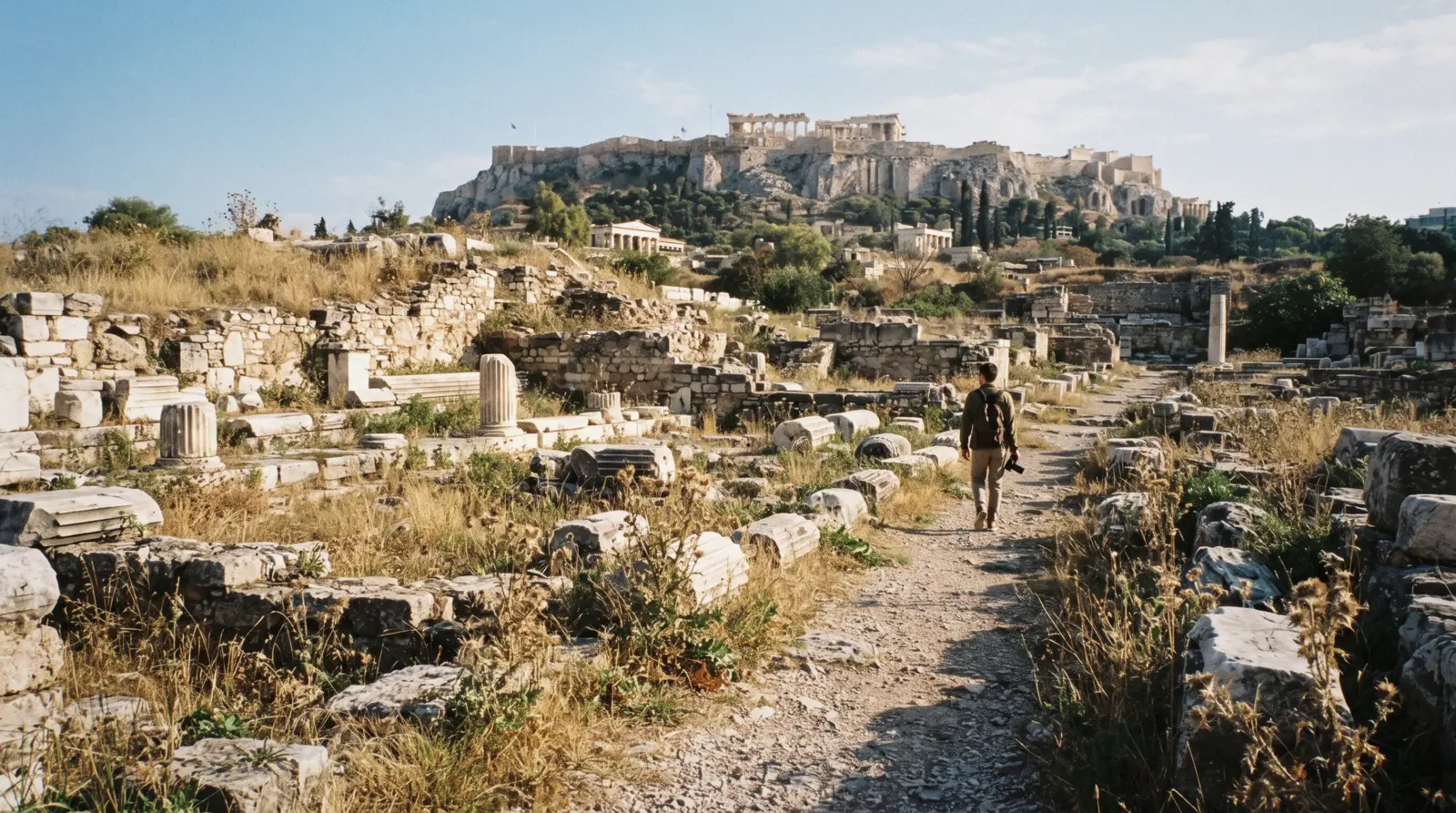 Excavated foundations and column drums below the Acropolis, ancient sites in Athens, Greece
