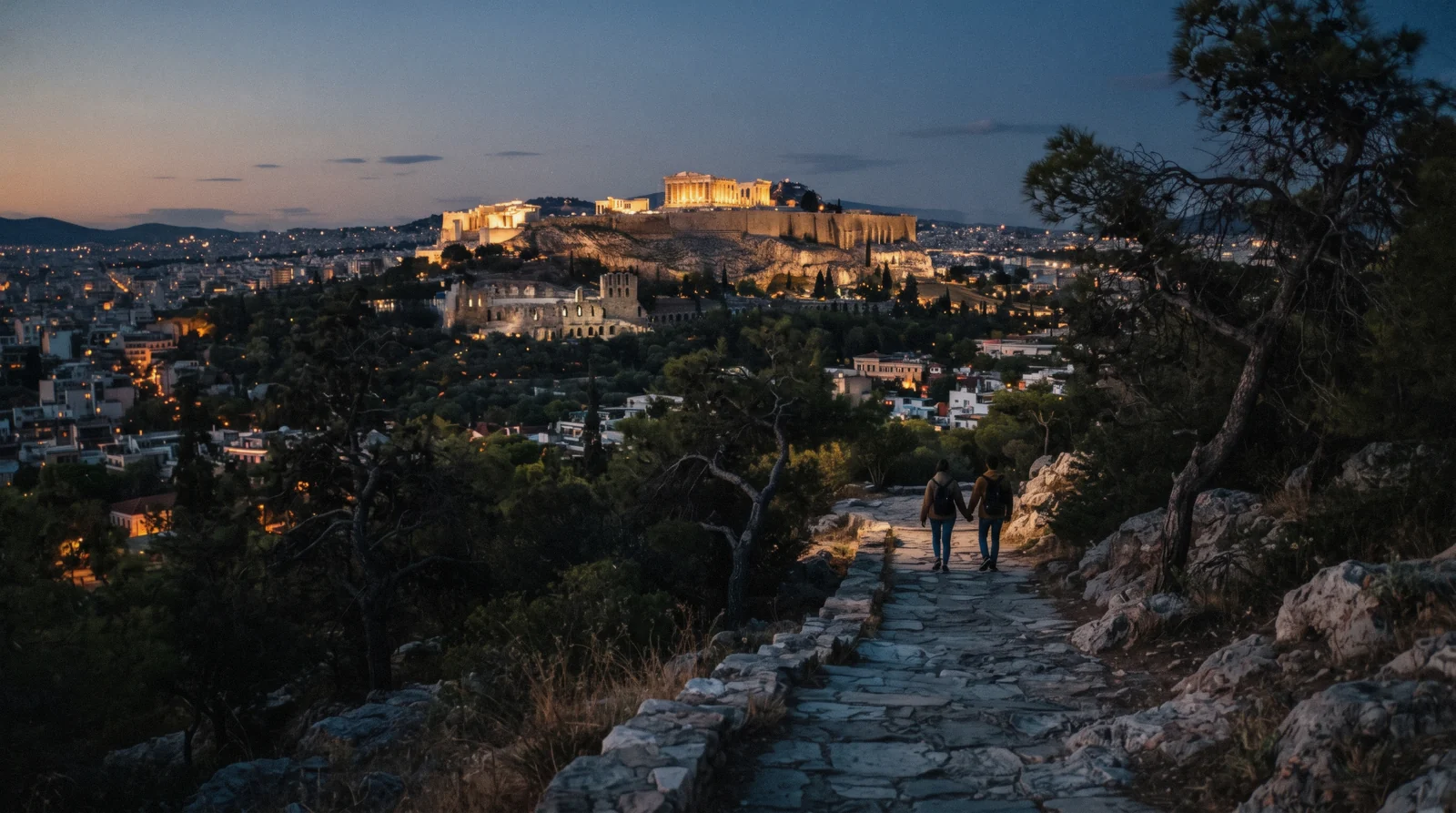 The lit Acropolis seen from the pine path on Philopappos Hill at dusk, Athens in 3 days, Greece