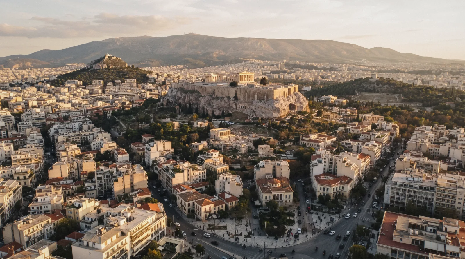 An aerial view of central Athens with the Acropolis in the middle, Athens map, Greece