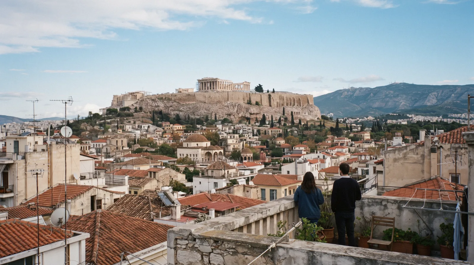 A clear late-October view over Athens rooftops to the Acropolis, best time to visit Athens, Greece