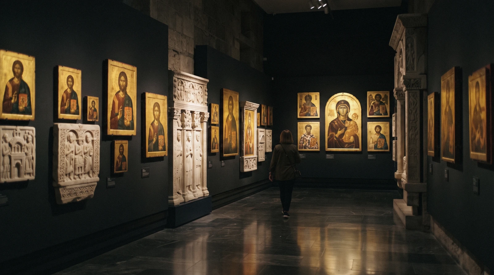 Gold-ground Byzantine icons lit in a dark gallery at the Byzantine and Christian Museum in Athens, Greece