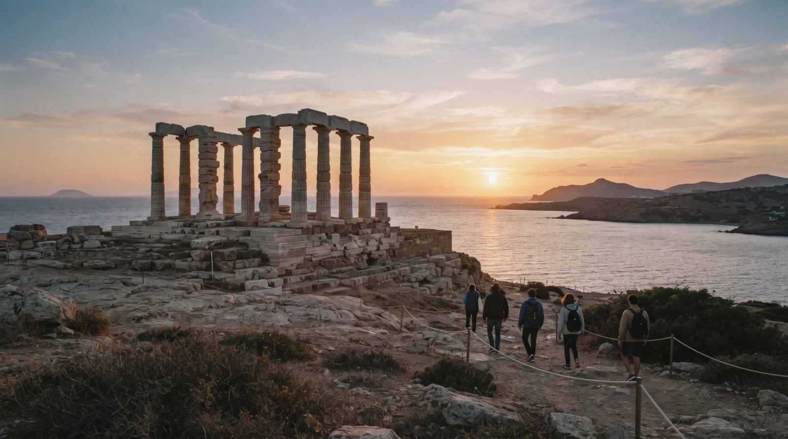 The columns of the Temple of Poseidon at Cape Sounion above the Aegean at sunset, near Athens, Greece