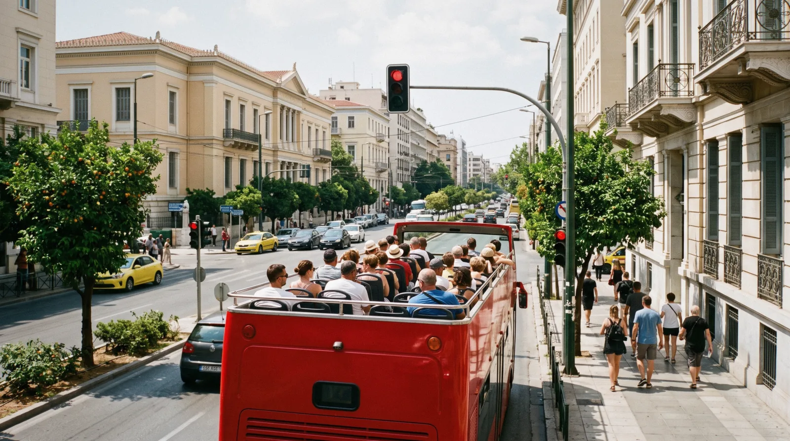An open-top sightseeing bus on a wide Athens avenue in the morning, Athens city pass