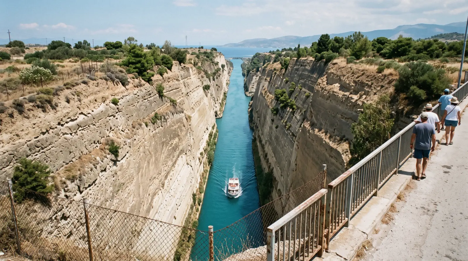 The narrow cut of the Corinth Canal between sheer rock walls, seen from the bridge near Athens, Greece
