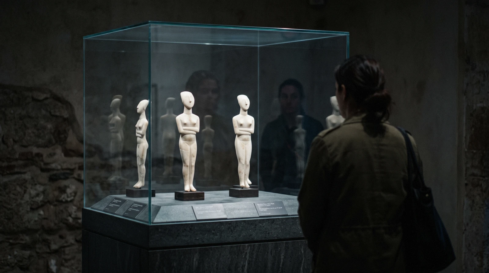 Cycladic marble figurines lit in a glass case at the Museum of Cycladic Art in Athens, Greece