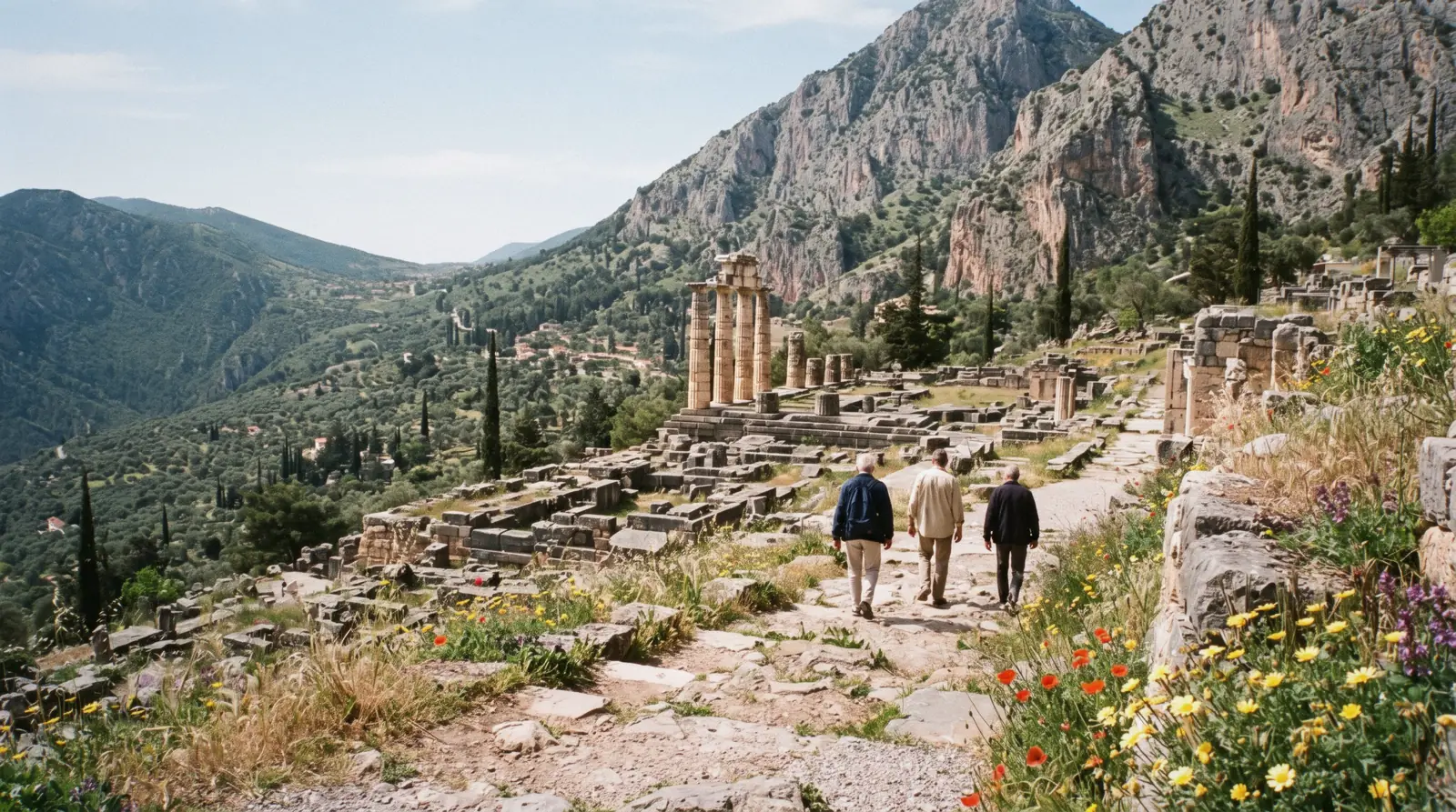 The terraces and columns of the sanctuary at Delphi below Parnassus, on a day trip from Athens, Greece