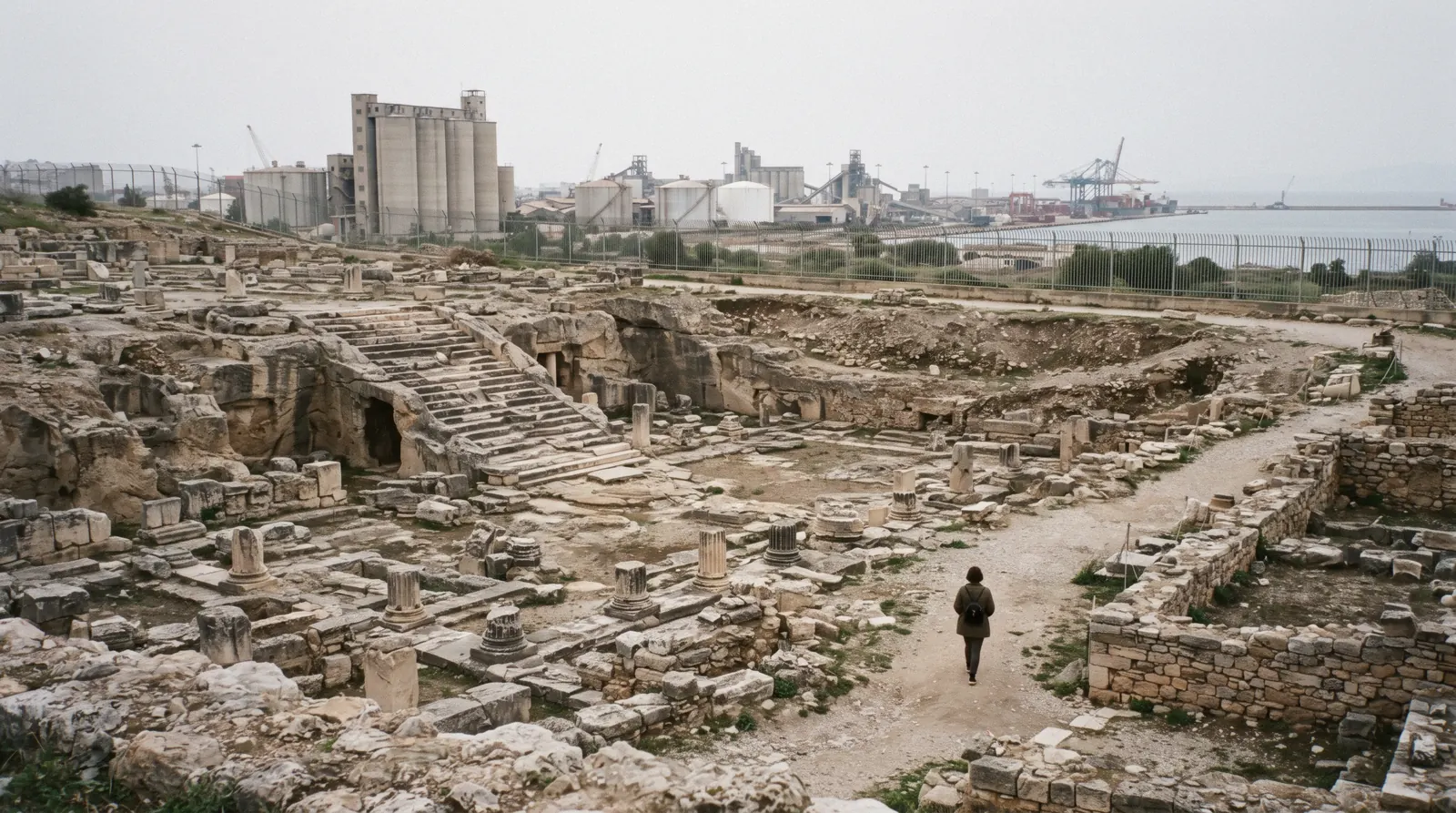 The excavated Telesterion at Eleusis with industrial buildings behind it, near Athens, Greece