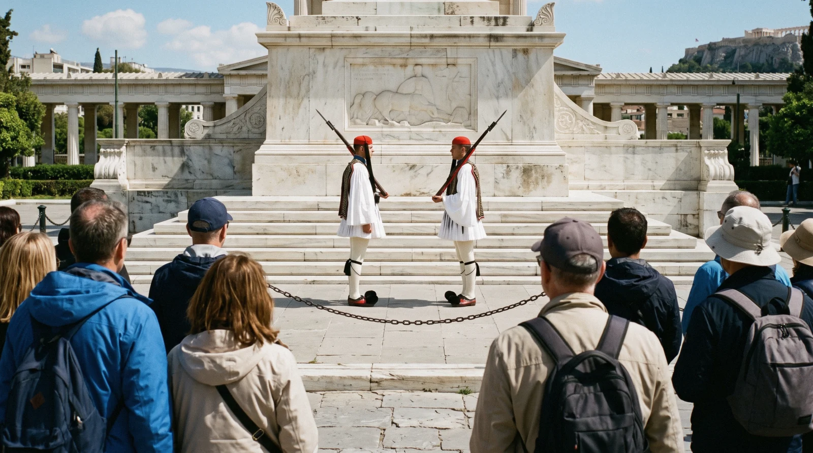Ceremonial guards in white pleated kilts at the Tomb of the Unknown Soldier in Athens, Greece
