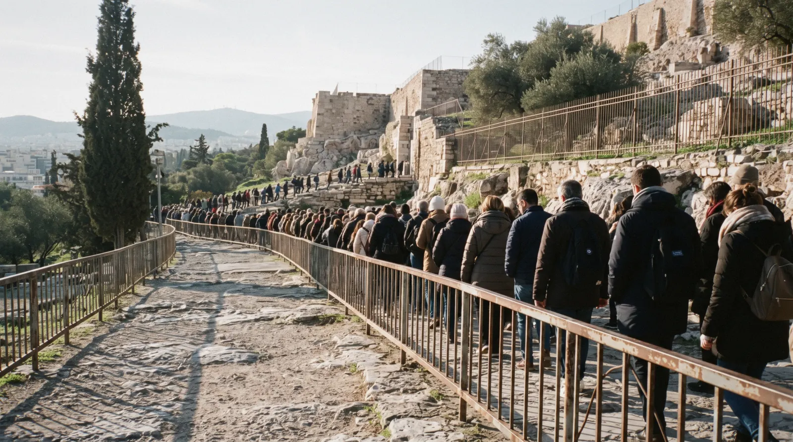 A long winter queue outside a Greek archaeological site on a free Sunday morning, free entry days Athens