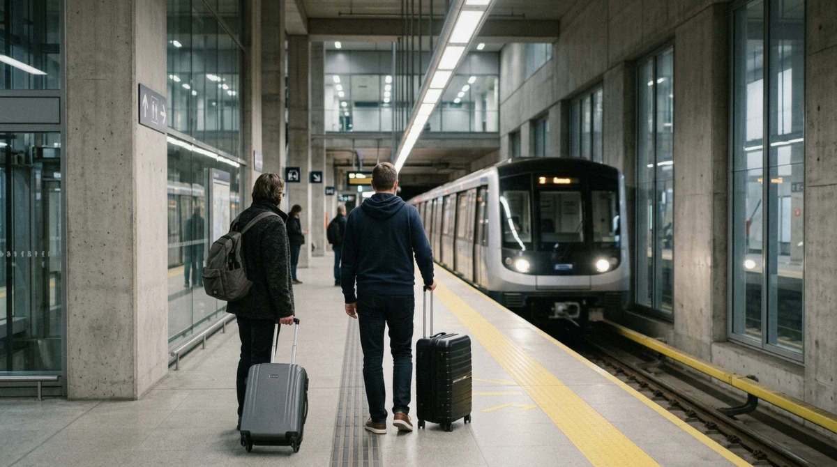 Travellers with wheeled cases waiting on the airport metro platform at Athens airport, Greece