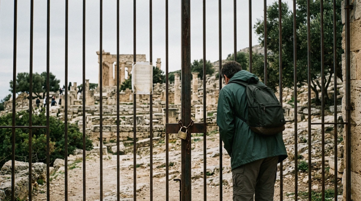 A padlocked gate at a Greek archaeological site with the ruins visible behind the bars, Athens, Greece