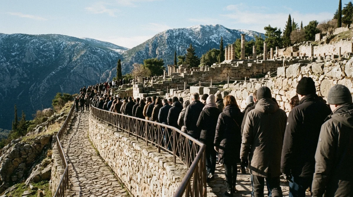 A long queue of visitors outside a Greek archaeological site on a free winter Sunday, Athens, Greece