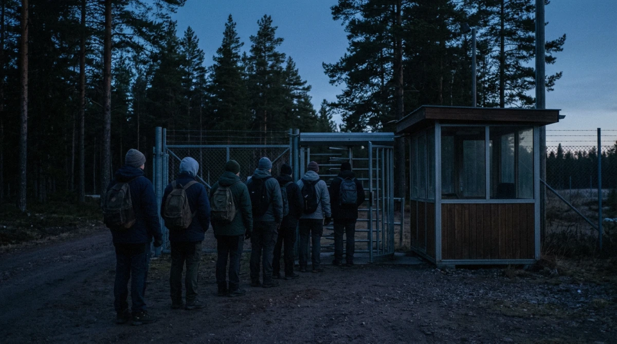 A short queue at the Acropolis entrance turnstile in the blue light before sunrise, Athens, Greece