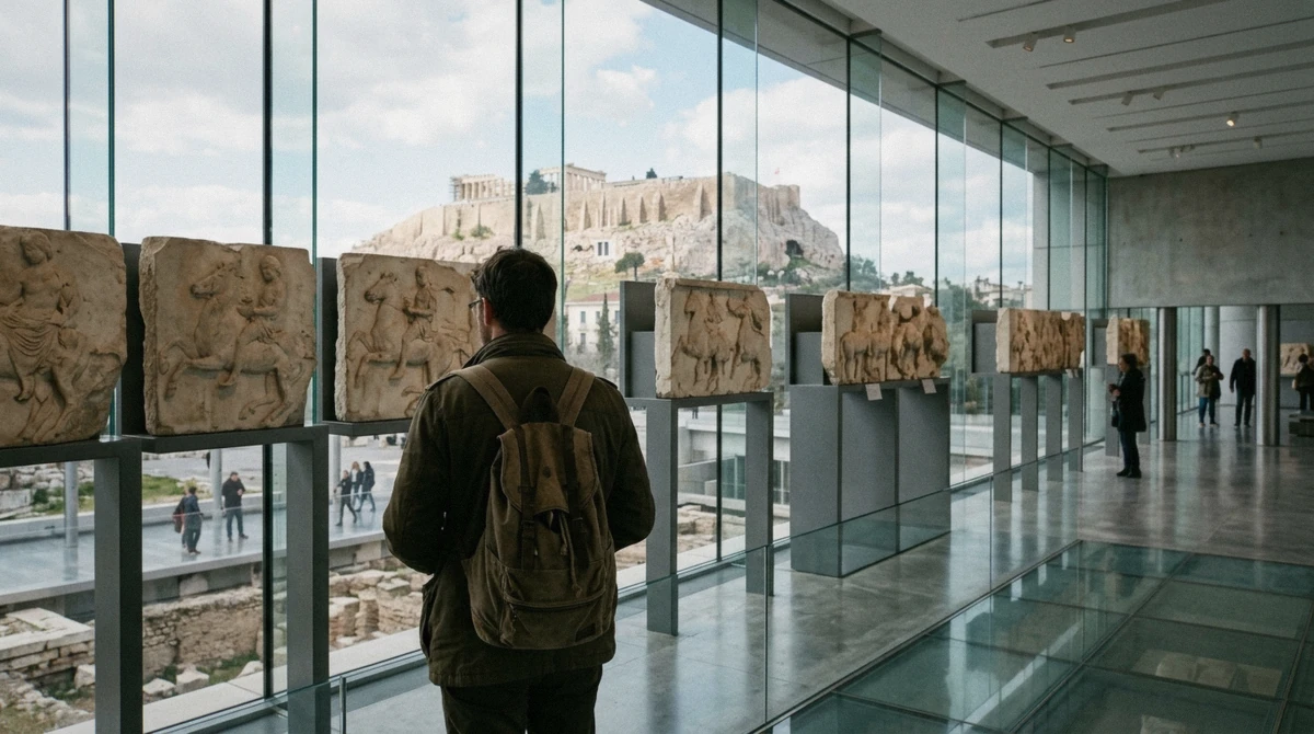 A visitor on the top floor of the Acropolis Museum looking out at the Acropolis through the glass, Athens, Greece