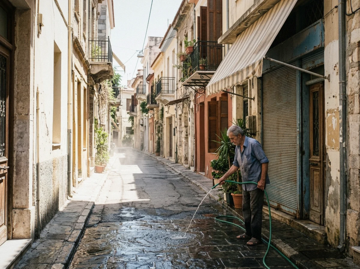 A narrow Athens street in hard August sunlight with deep shade down one side, Greece