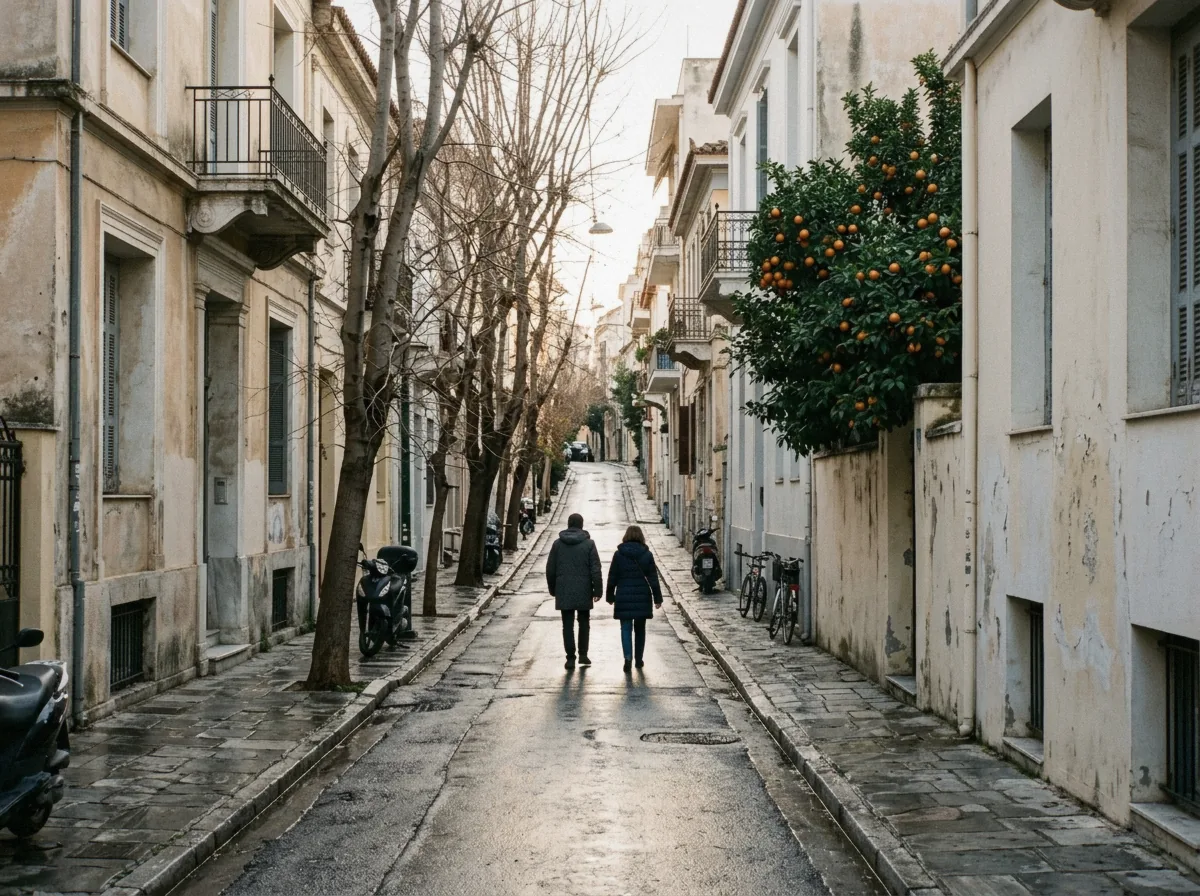 The same kind of Athens street in low January light after rain, Greece