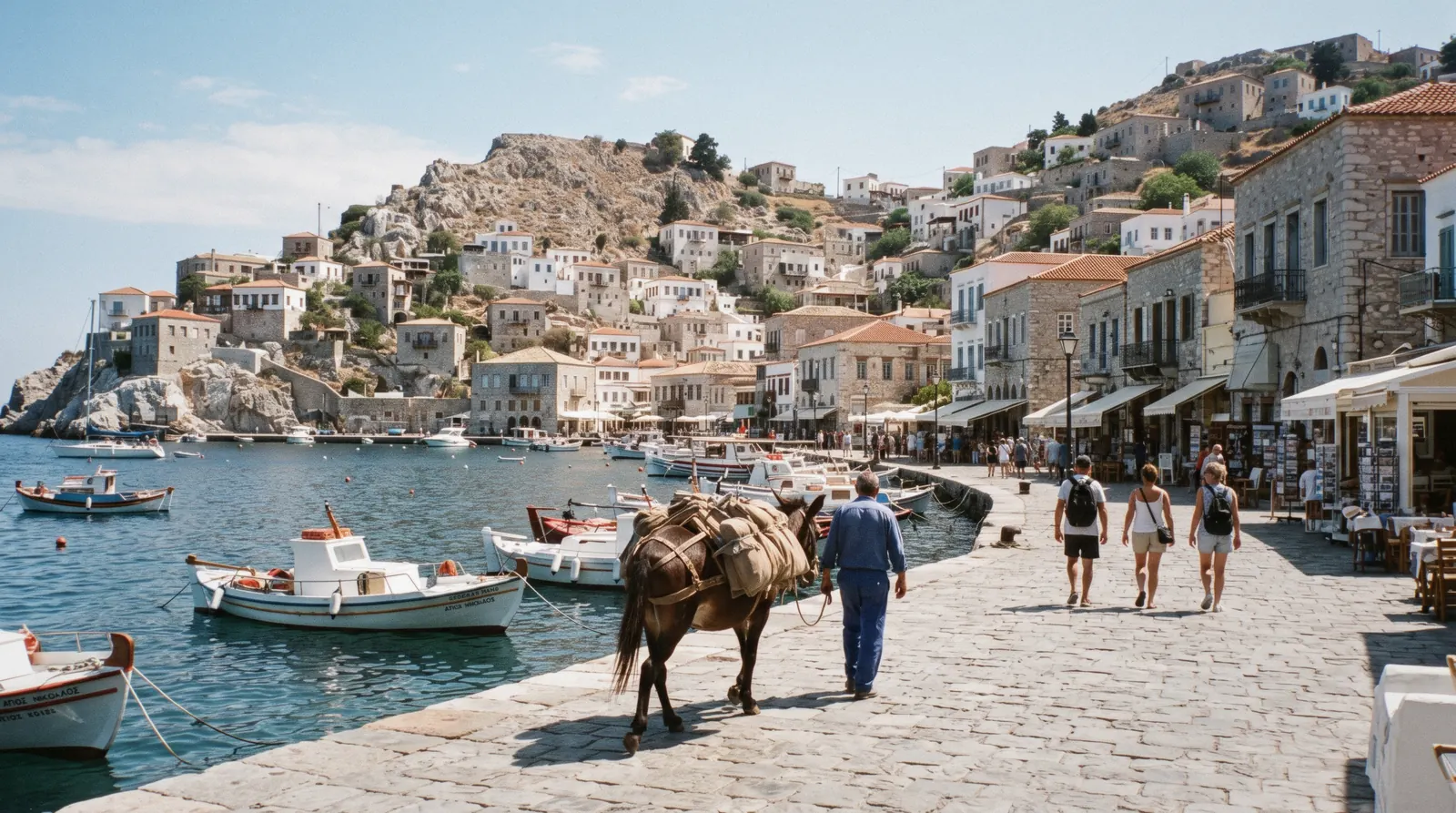 Stone houses stacked around the harbour at Hydra, reached by ferry from Athens, Greece