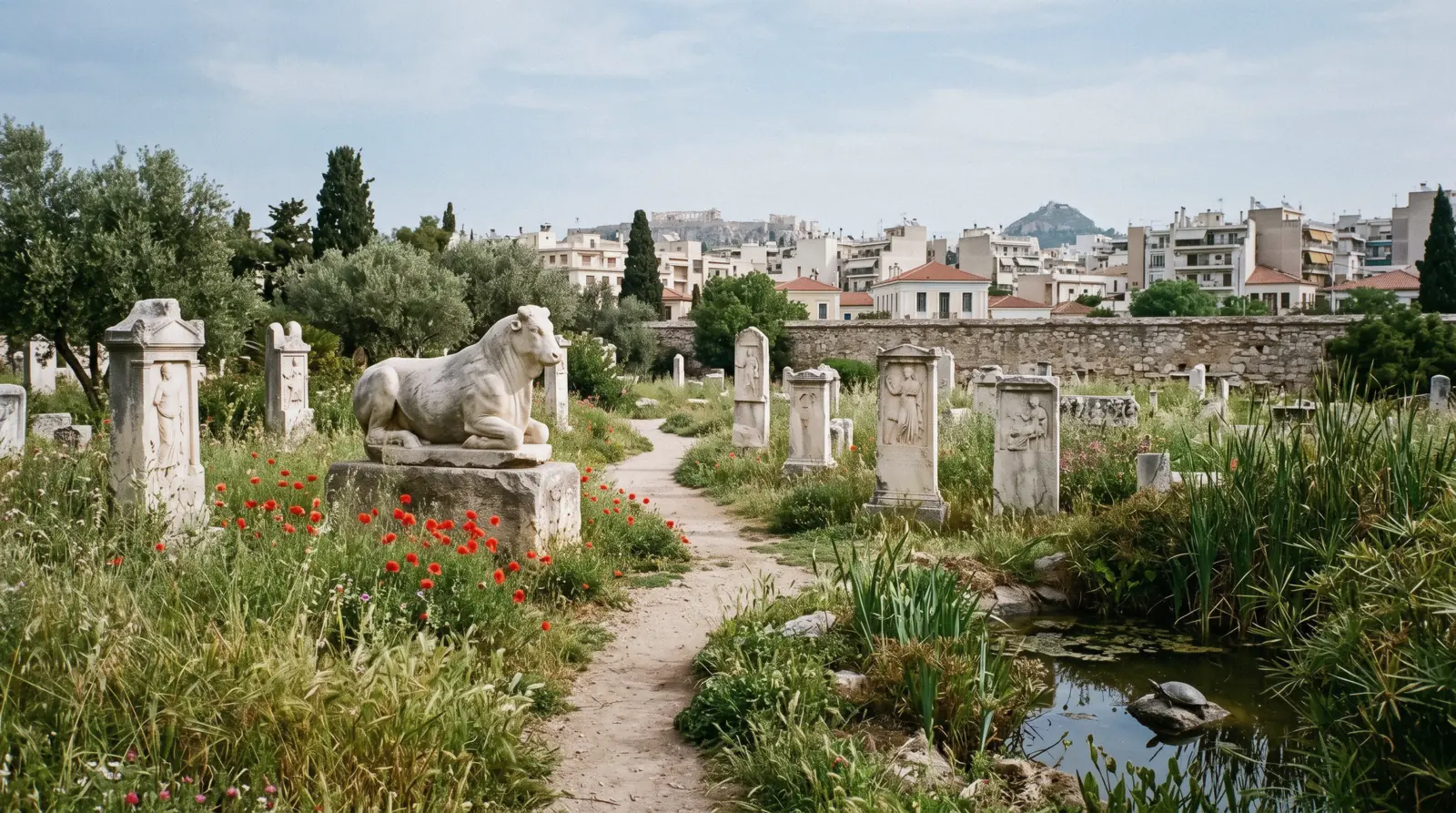Grave stelae and long grass in the Kerameikos cemetery in Athens, Greece