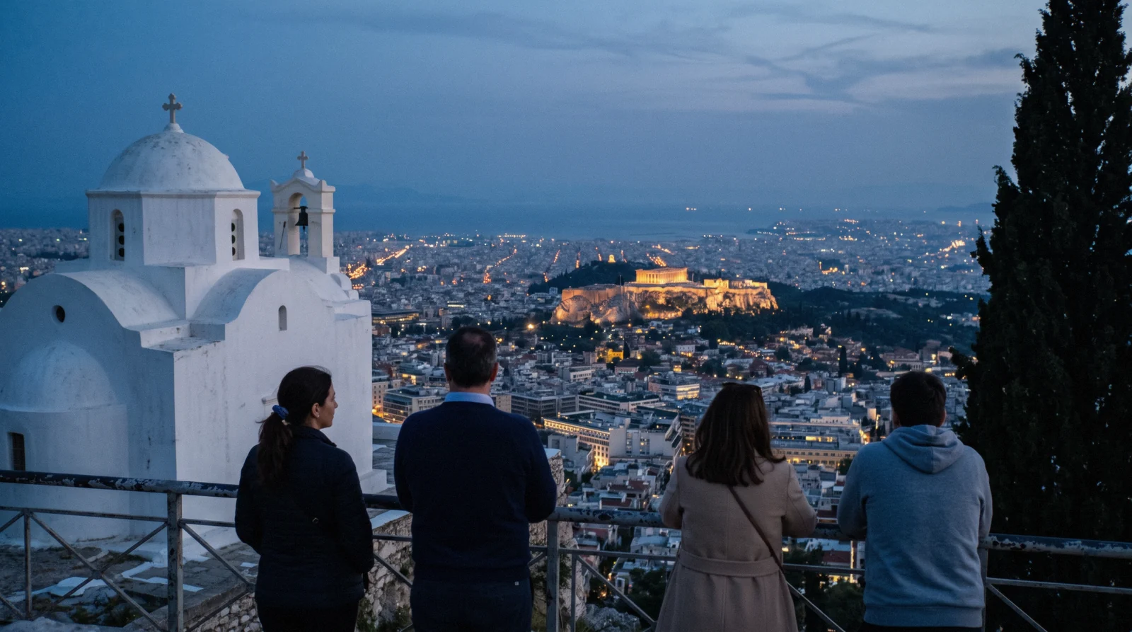 The whitewashed chapel on the summit of Lycabettus Hill above Athens, Greece, at dusk