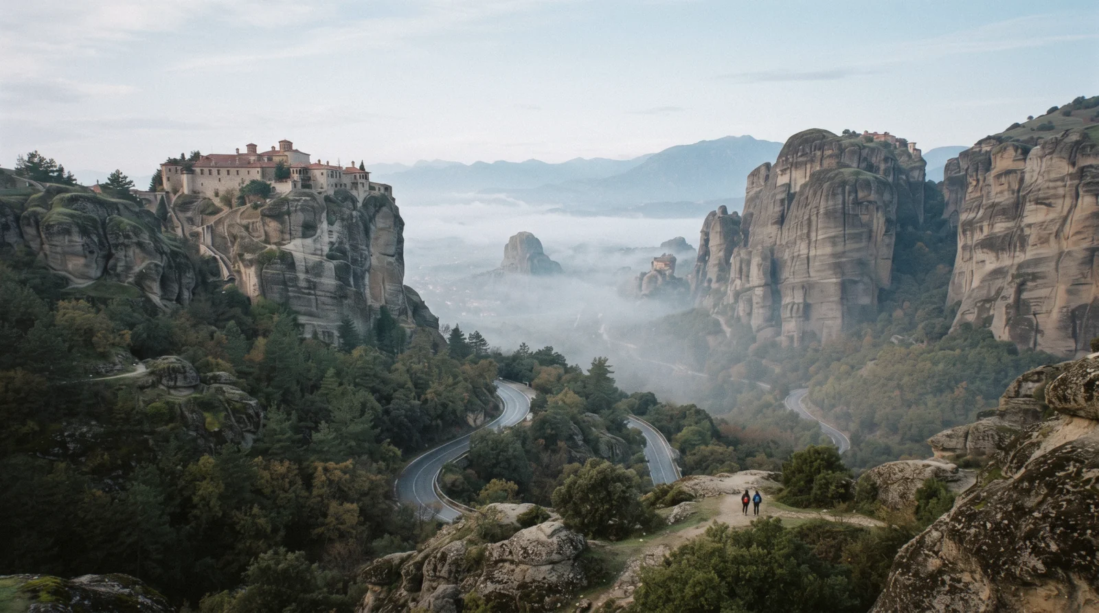 Monasteries on sandstone pillars above mist at Meteora, reached from Athens, Greece