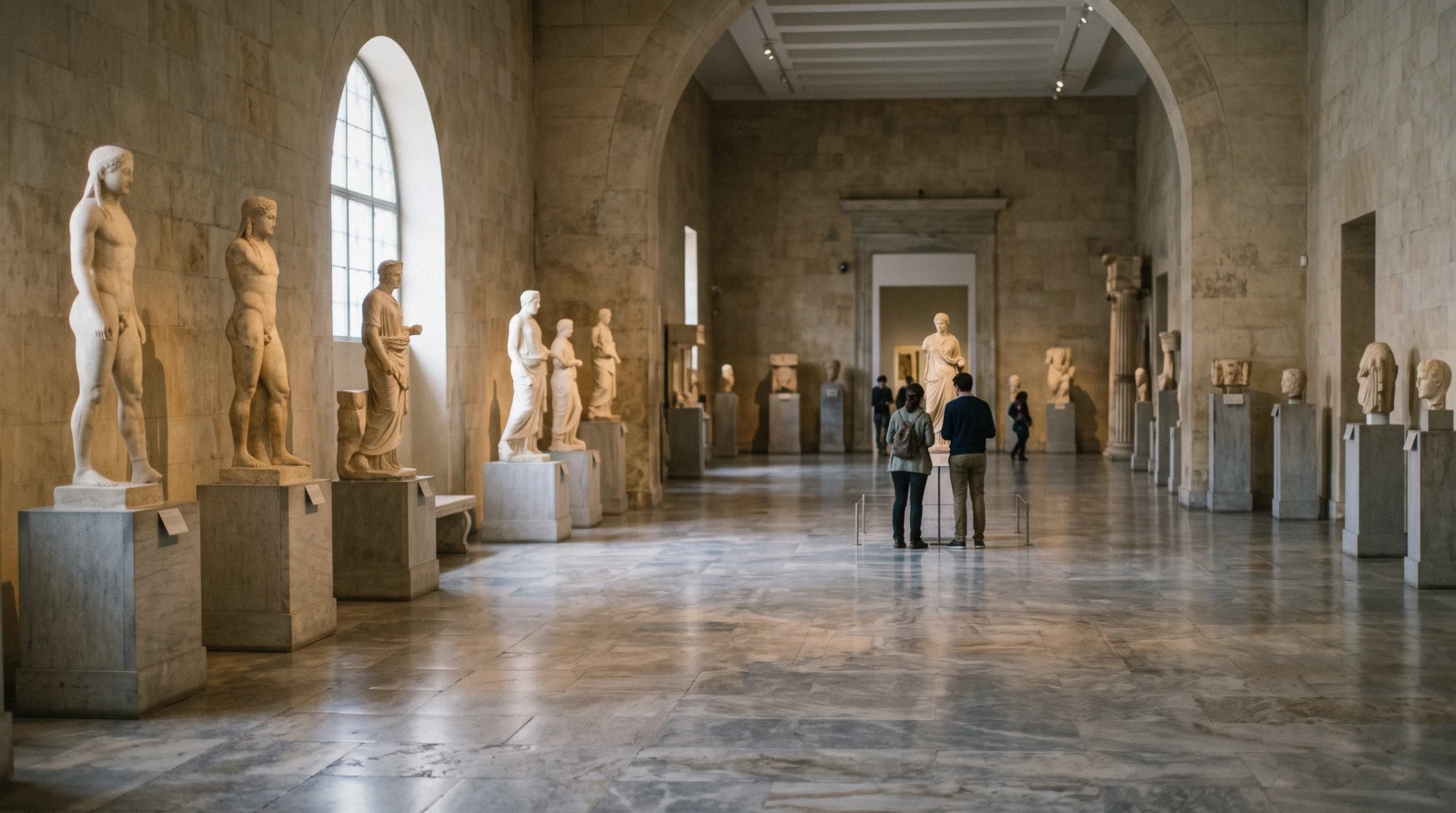 Marble sculpture in a daylit gallery, museums in Athens, Greece
