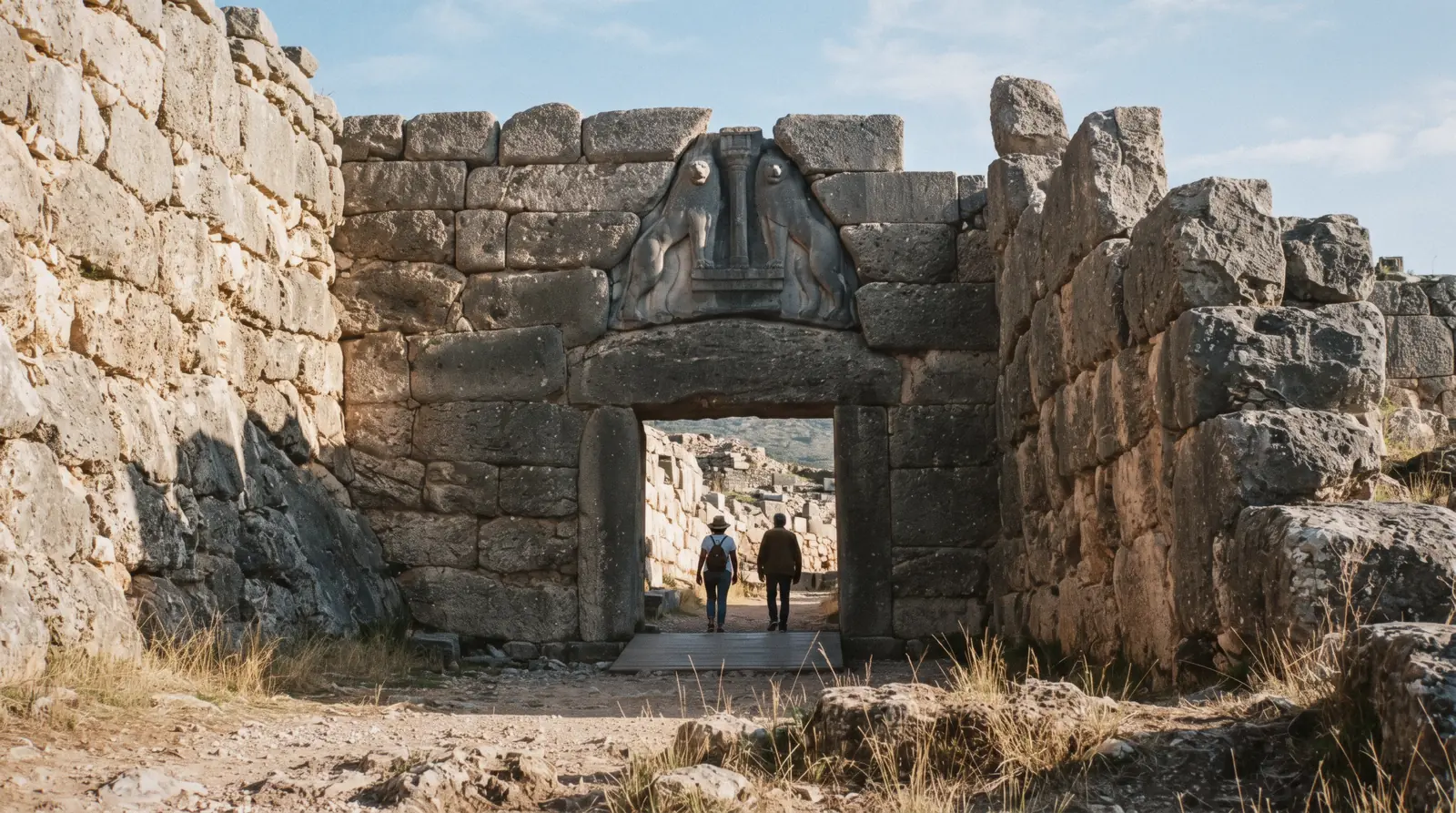 The Lion Gate at Mycenae with its cyclopean walls, on a day trip from Athens, Greece
