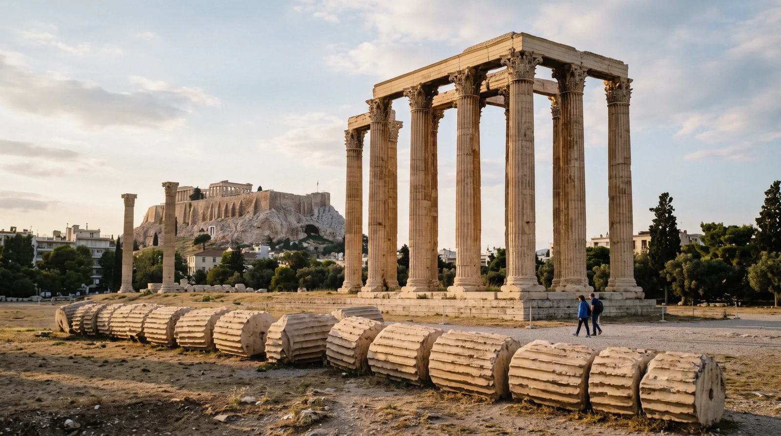 Standing Corinthian columns of the Temple of Olympian Zeus in Athens, Greece, in evening light