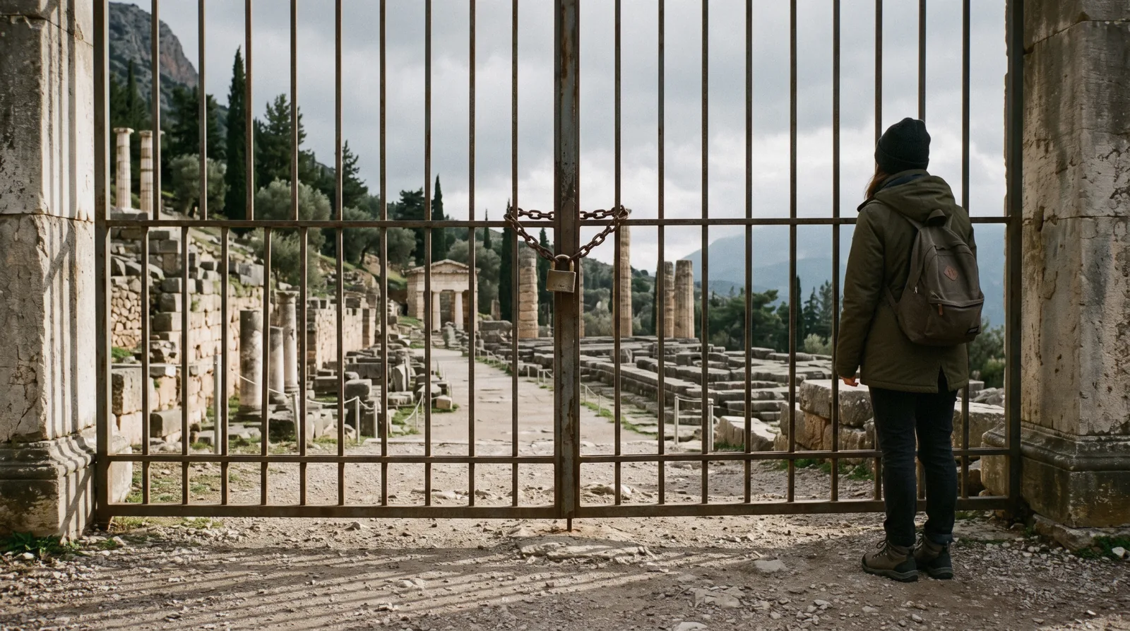 A padlocked gate at a Greek archaeological site in the winter afternoon, Athens attractions opening hours
