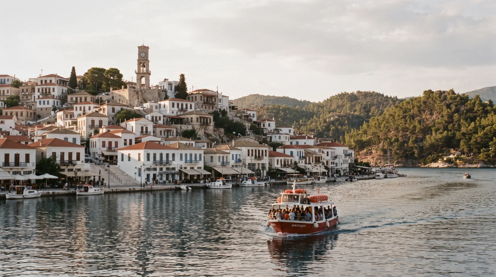 The clock tower above the tiled roofs of Poros town across the channel, near Athens, Greece