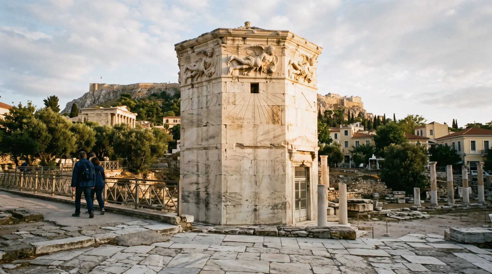 The octagonal Tower of the Winds in the Roman Agora of Athens, Greece, in late light