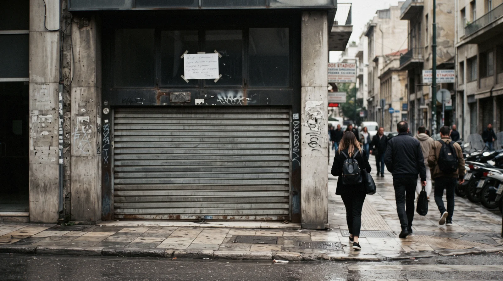 A closed metro station entrance with a notice taped inside the glass in central Athens, Athens strikes, Greece