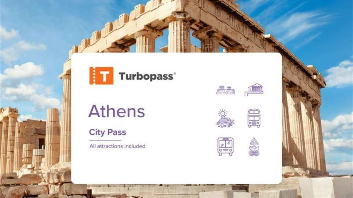 A hop-on hop-off bus passing the Temple of Olympian Zeus on an Athens city pass in Greece