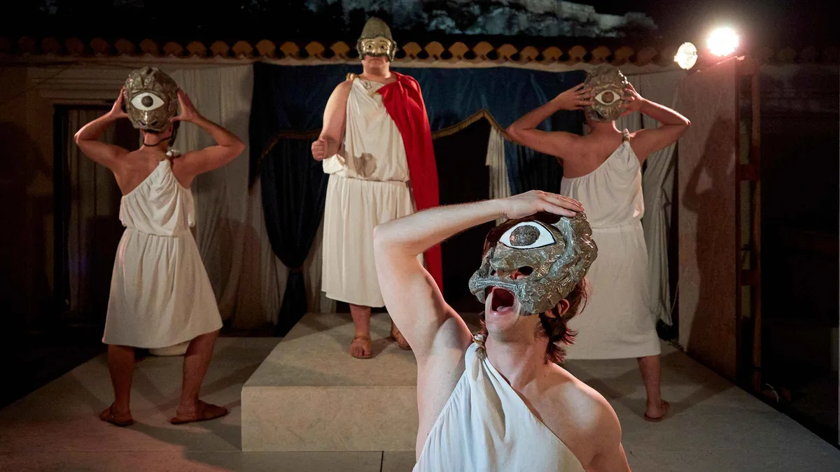 Actors performing ancient Greek theatre at the foot of the Acropolis in Athens, Greece