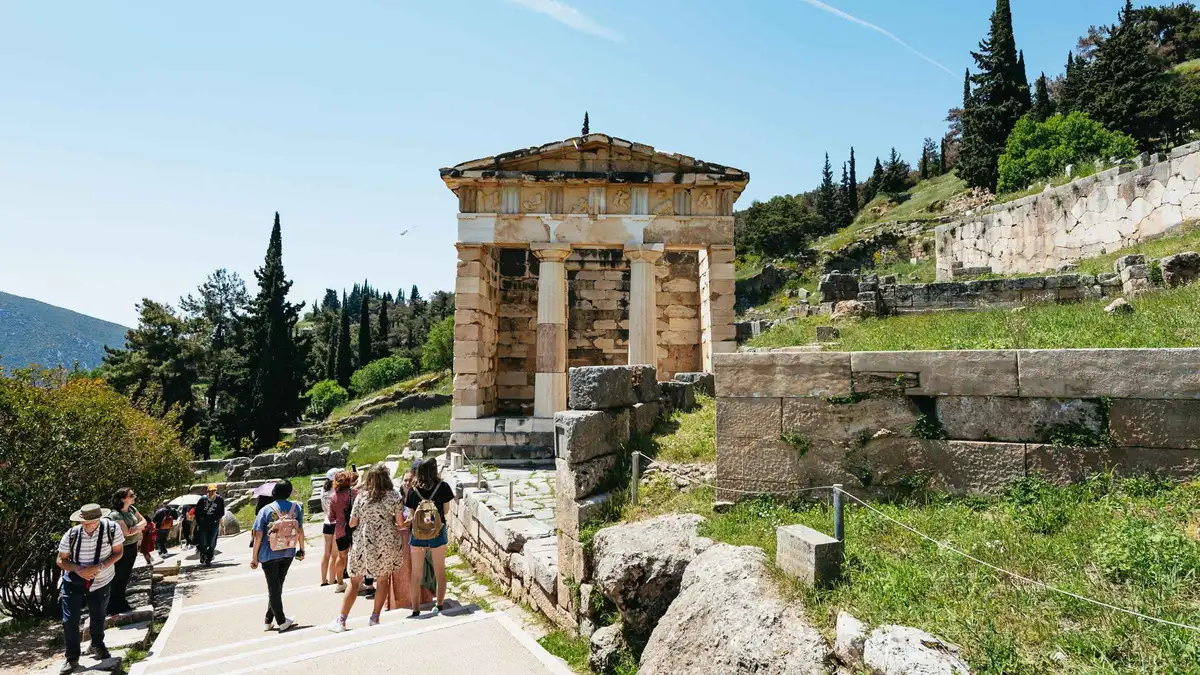 The Temple of Apollo terraces at Delphi on a day trip from Athens, Greece