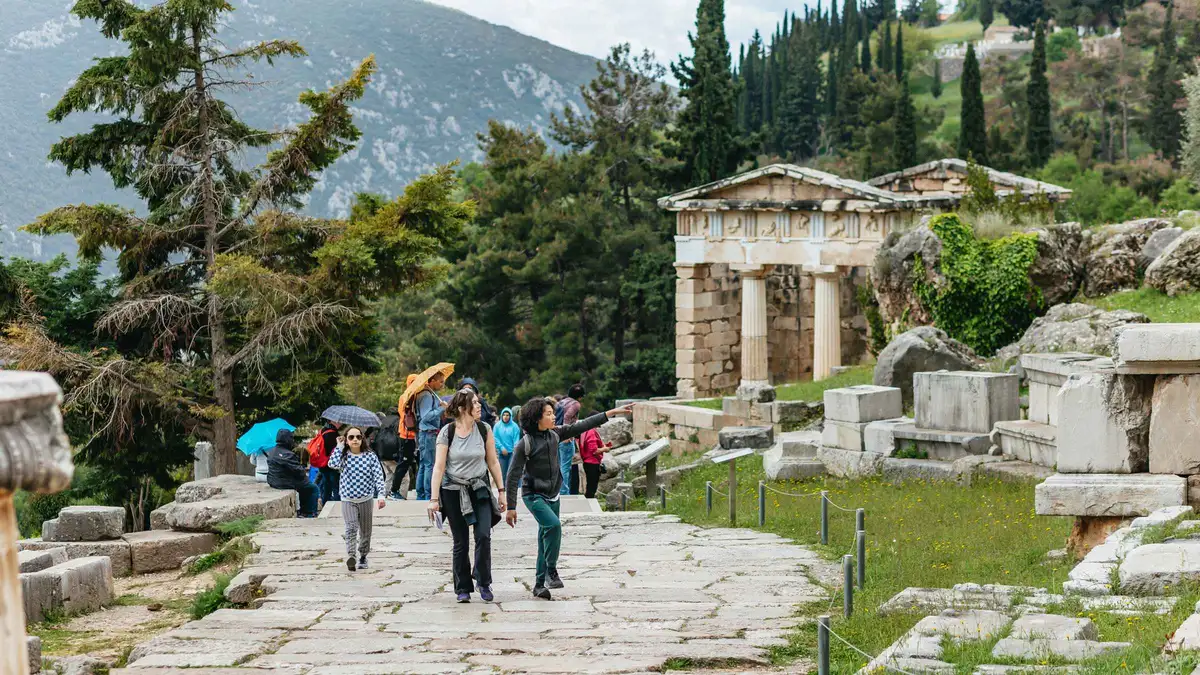 The tholos of Athena Pronaia at Delphi on a small-group day trip from Athens, Greece