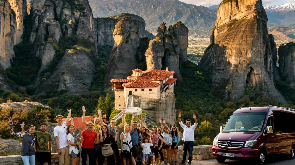 Monasteries on the rock pillars of Meteora on a day trip from Athens, Greece