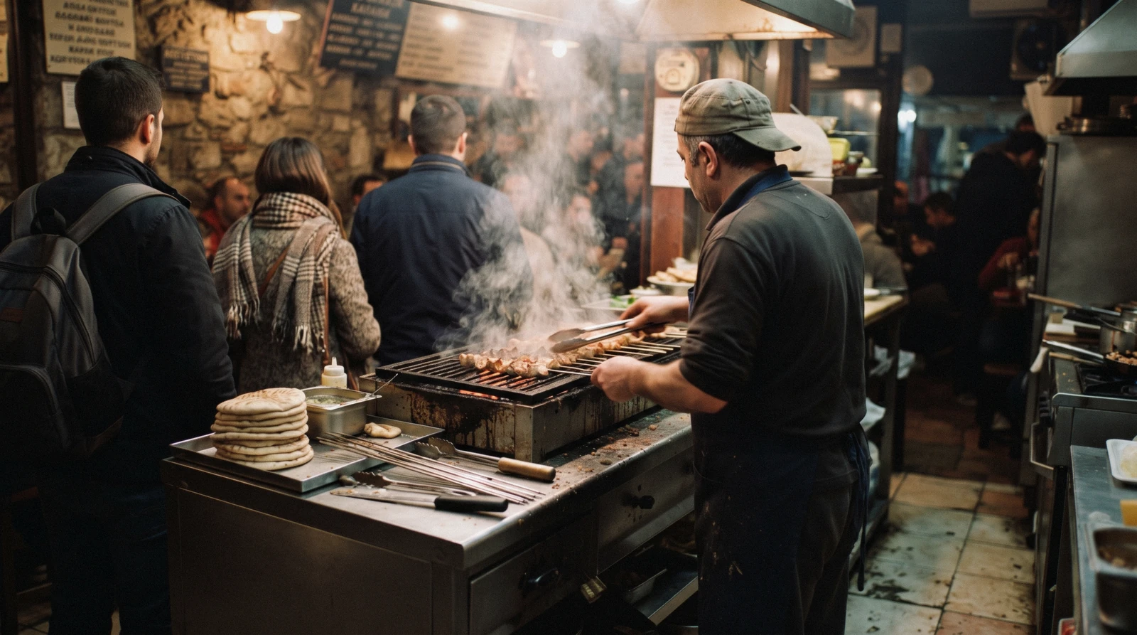 A charcoal grill counter with souvlaki skewers at night, where to eat in Athens, Greece