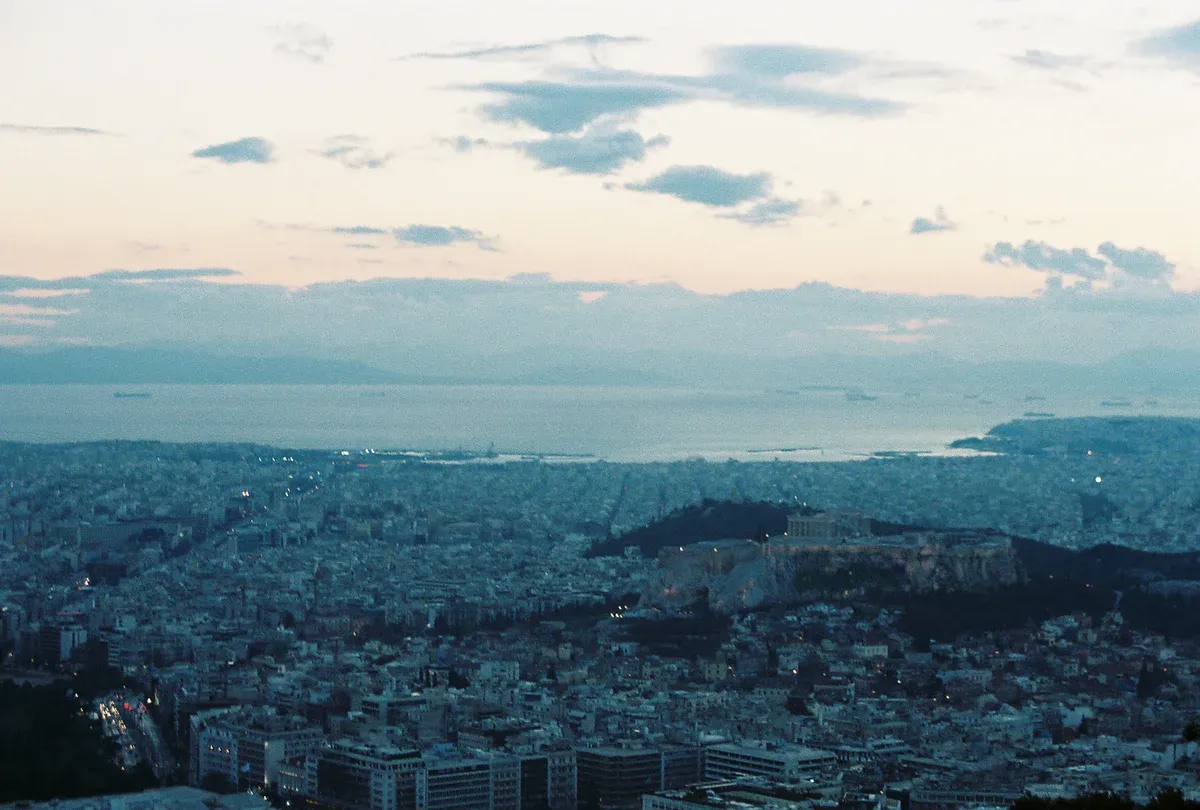 The white chapel of Saint George on the summit of Lycabettus Hill above Athens, Greece
