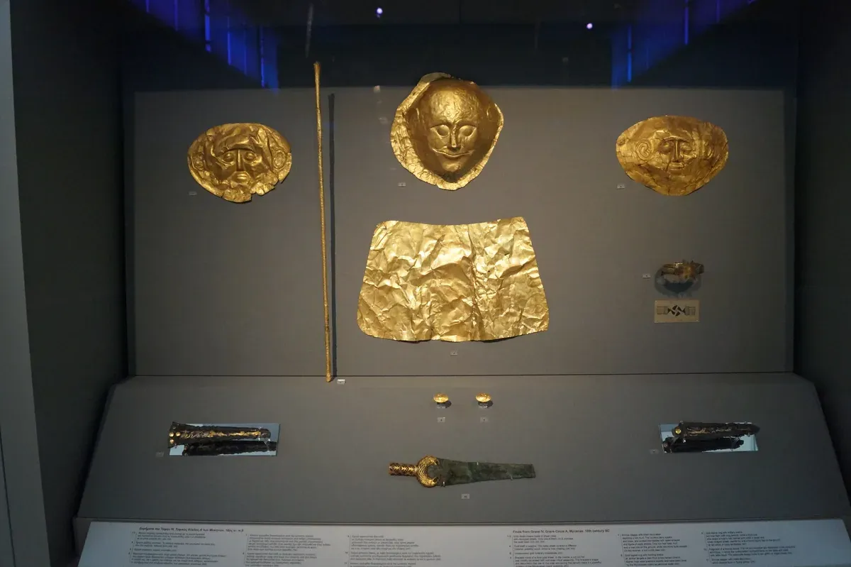 Gold masks from the Mycenae shaft graves in the National Archaeological Museum, the biggest of the Athens museums, Greece