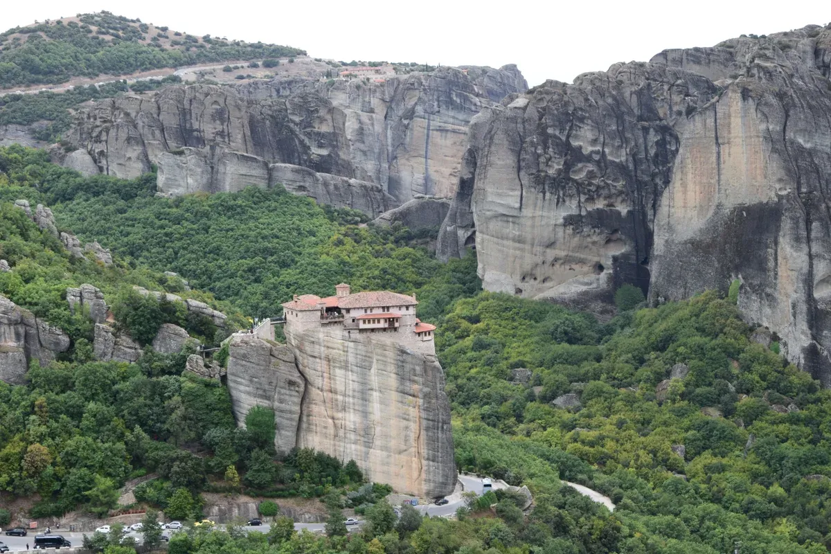 A monastery on its pillar at Meteora, the alternative to Delphi as a day trip from Athens, Greece