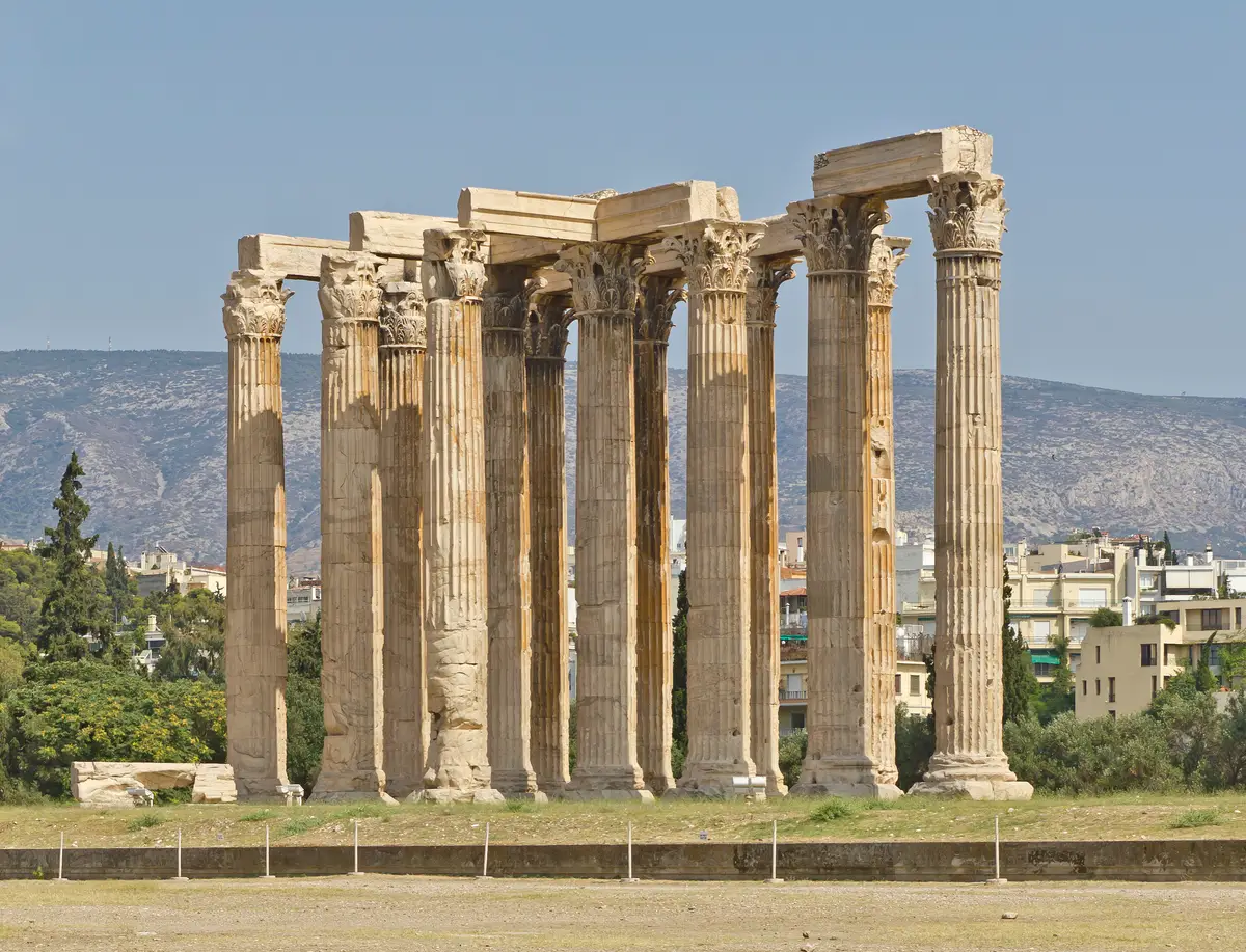 The standing Corinthian columns of the Temple of Olympian Zeus in Athens, Greece