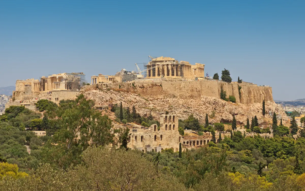 The Acropolis of Athens, Greece, seen across the saddle from Philopappos Hill