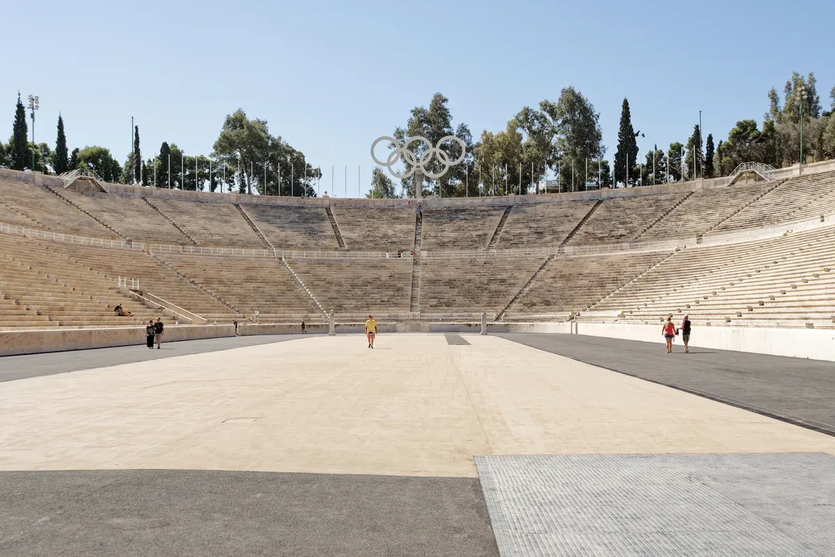 The marble tiers and running track of the Panathenaic Stadium, one of the best things to do in Athens with kids, Greece