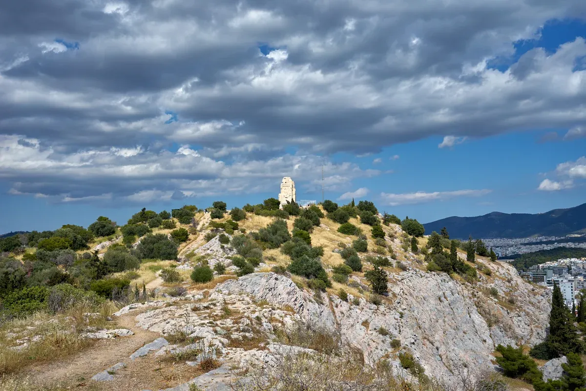 The two-storey marble tomb of Philopappos on the summit of Philopappos Hill, Athens, Greece