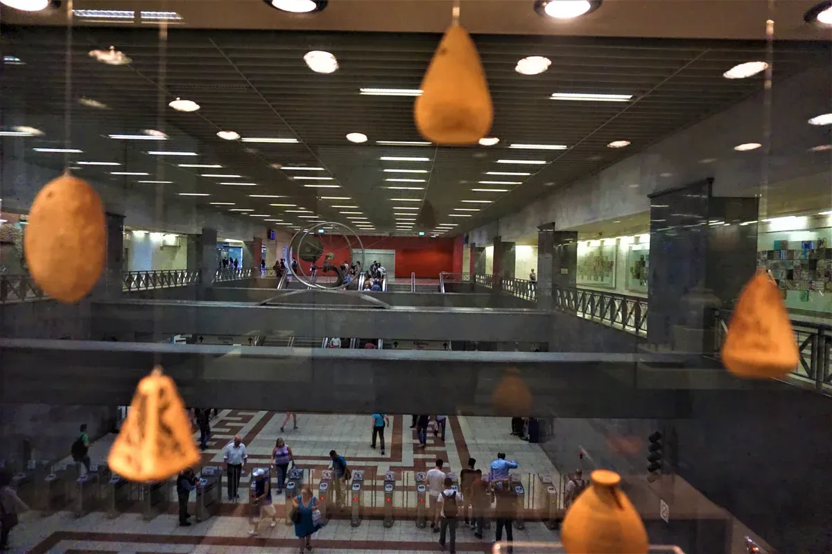 Ancient finds displayed in the concourse of Syntagma metro station while getting around Athens, Greece